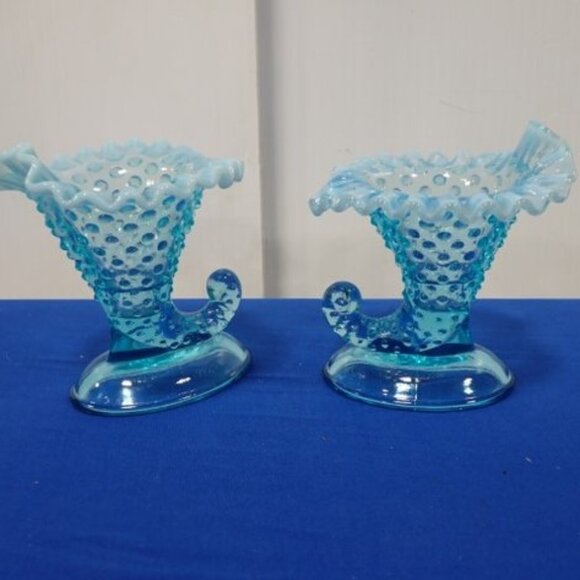Fenton Blue Opalescent Hobnail Glass Cornucopia Horn Candleholder Vase Set of 2 - Picture 1 of 6